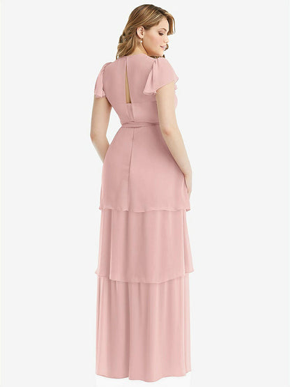 【NEW】【STYLE: 3116】フラッター スリーブ ジュエル 首 シフォン マキシ ドレス ティア ラッフル スカート【COLOR: Rose - PANTONE Rose Quartz】【SIZE: 00-30W】