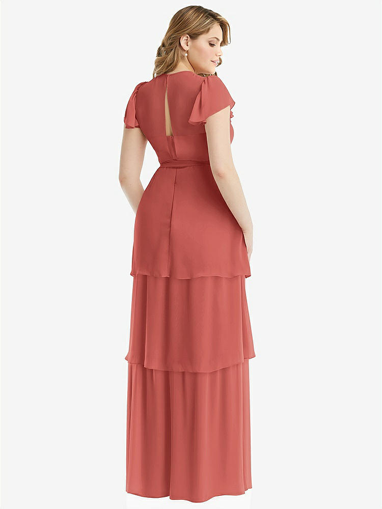 【NEW】【STYLE: 3116】フラッター スリーブ ジュエル 首 シフォン マキシ ドレス ティア ラッフル スカート【COLOR: Coral Pink】【SIZE: 00-30W】