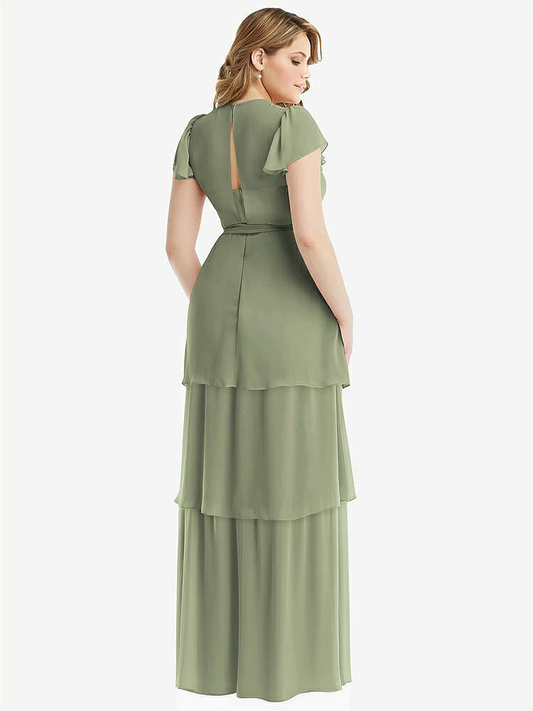【NEW】【STYLE: 3116】フラッター スリーブ ジュエル 首 シフォン マキシ ドレス ティア ラッフル スカート【COLOR: Sage】【SIZE: 00-30W】