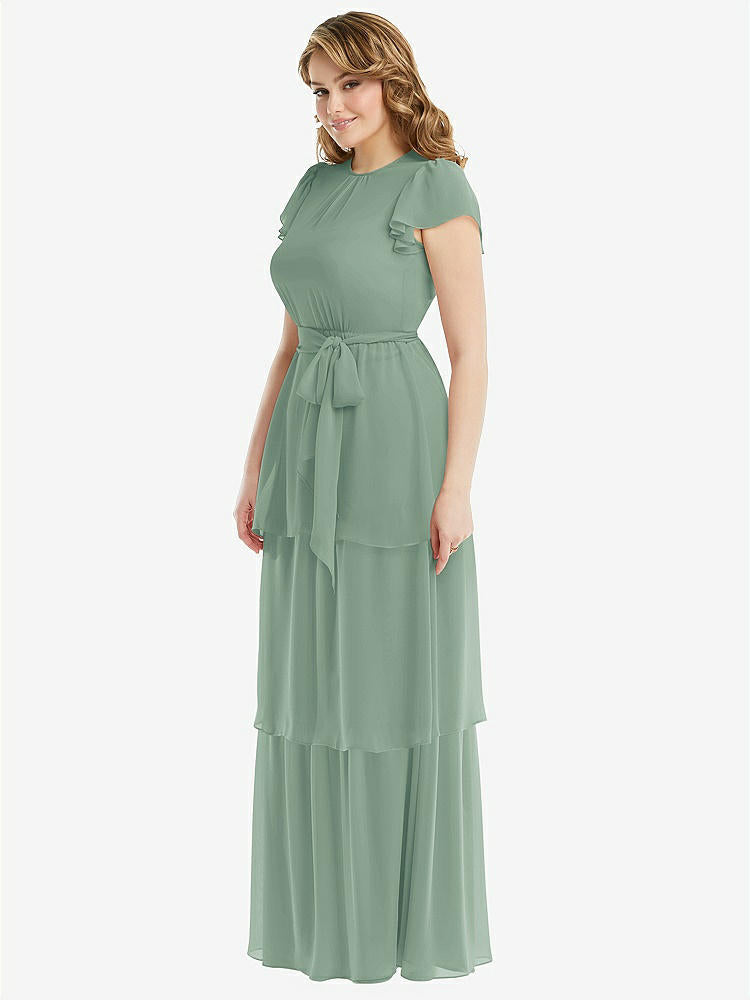 【NEW】【STYLE: 3116】フラッター スリーブ ジュエル 首 シフォン マキシ ドレス ティア ラッフル スカート【COLOR: Seagrass】【SIZE: 00-30W】