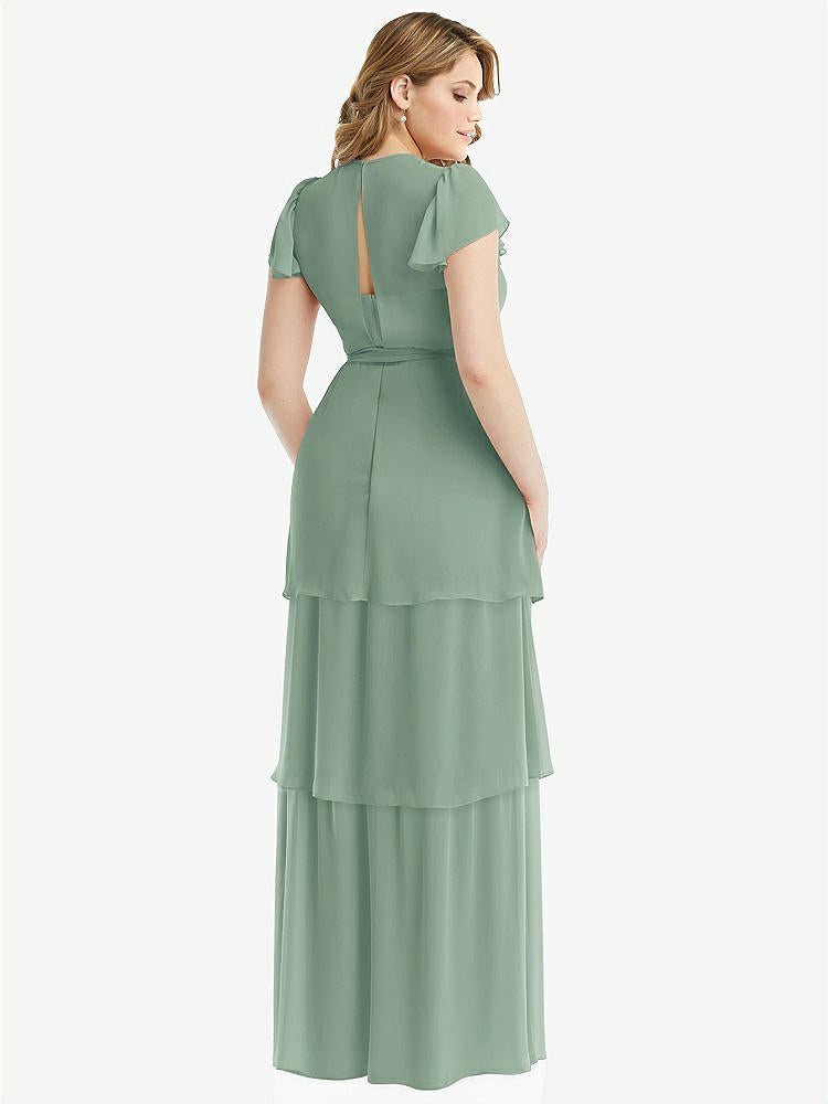 【NEW】【STYLE: 3116】フラッター スリーブ ジュエル 首 シフォン マキシ ドレス ティア ラッフル スカート【COLOR: Seagrass】【SIZE: 00-30W】