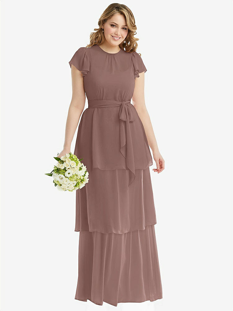 【STYLE: 3116】Flutter Sleeve Jewel Neck Chiffon Maxi Dress with Tiered Ruffle Skirt【COLOR: Sienna】