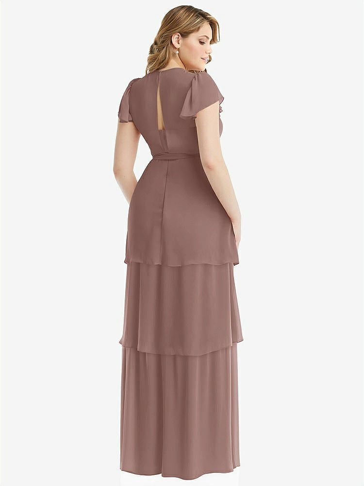 【STYLE: 3116】Flutter Sleeve Jewel Neck Chiffon Maxi Dress with Tiered Ruffle Skirt【COLOR: Sienna】