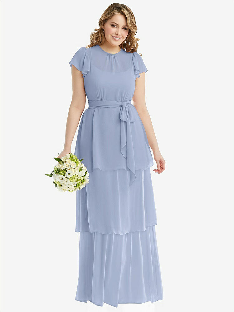【NEW】【STYLE: 3116】フラッター スリーブ ジュエル 首 シフォン マキシ ドレス ティア ラッフル スカート【COLOR: Sky Blue】【SIZE: 00-30W】