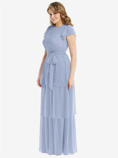 【NEW】【STYLE: 3116】フラッター スリーブ ジュエル 首 シフォン マキシ ドレス ティア ラッフル スカート【COLOR: Sky Blue】【SIZE: 00-30W】
