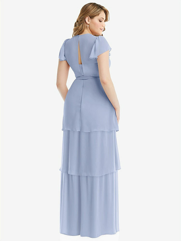 【NEW】【STYLE: 3116】フラッター スリーブ ジュエル 首 シフォン マキシ ドレス ティア ラッフル スカート【COLOR: Sky Blue】【SIZE: 00-30W】