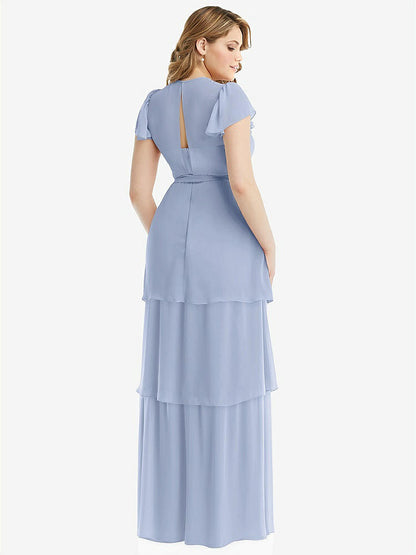【NEW】【STYLE: 3116】フラッター スリーブ ジュエル 首 シフォン マキシ ドレス ティア ラッフル スカート【COLOR: Sky Blue】【SIZE: 00-30W】