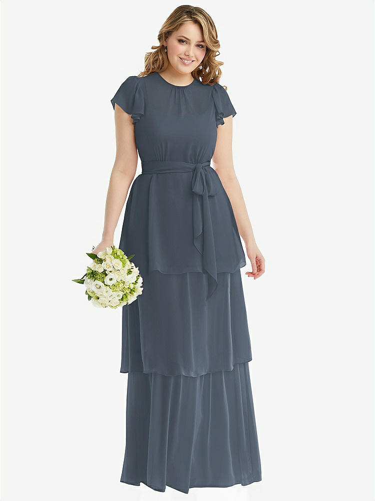 【NEW】【STYLE: 3116】フラッター スリーブ ジュエル 首 シフォン マキシ ドレス ティア ラッフル スカート【COLOR: Silverstone】【SIZE: 00-30W】