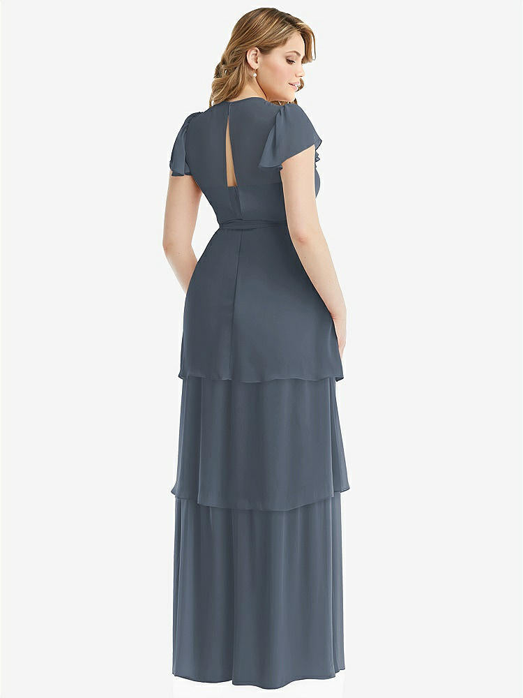 【NEW】【STYLE: 3116】フラッター スリーブ ジュエル 首 シフォン マキシ ドレス ティア ラッフル スカート【COLOR: Silverstone】【SIZE: 00-30W】
