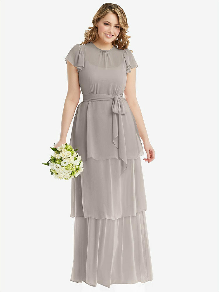 【NEW】【STYLE: 3116】フラッター スリーブ ジュエル 首 シフォン マキシ ドレス ティア ラッフル スカート【COLOR: Taupe】【SIZE: 00-30W】
