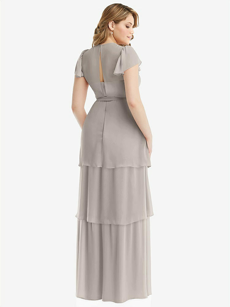 【NEW】【STYLE: 3116】フラッター スリーブ ジュエル 首 シフォン マキシ ドレス ティア ラッフル スカート【COLOR: Taupe】【SIZE: 00-30W】