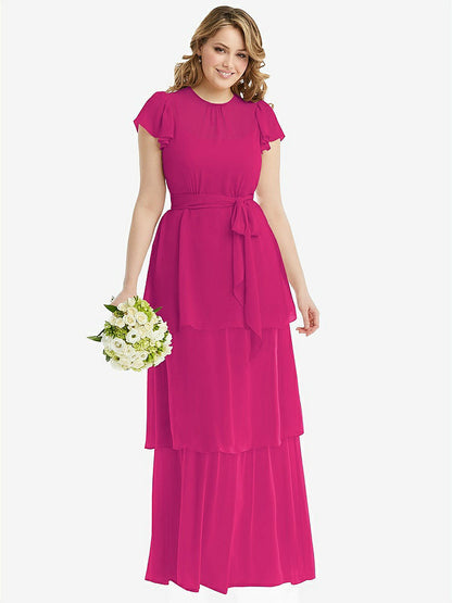 【NEW】【STYLE: 3116】フラッター スリーブ ジュエル 首 シフォン マキシ ドレス ティア ラッフル スカート【COLOR: Think Pink】【SIZE: 00-30W】