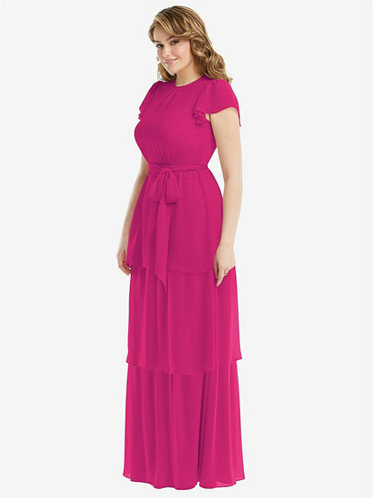 【NEW】【STYLE: 3116】フラッター スリーブ ジュエル 首 シフォン マキシ ドレス ティア ラッフル スカート【COLOR: Think Pink】【SIZE: 00-30W】
