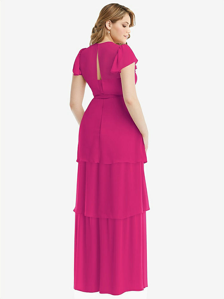 【NEW】【STYLE: 3116】フラッター スリーブ ジュエル 首 シフォン マキシ ドレス ティア ラッフル スカート【COLOR: Think Pink】【SIZE: 00-30W】