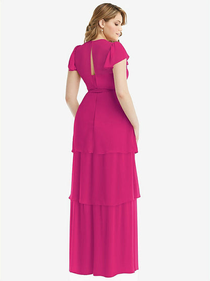 【NEW】【STYLE: 3116】フラッター スリーブ ジュエル 首 シフォン マキシ ドレス ティア ラッフル スカート【COLOR: Think Pink】【SIZE: 00-30W】