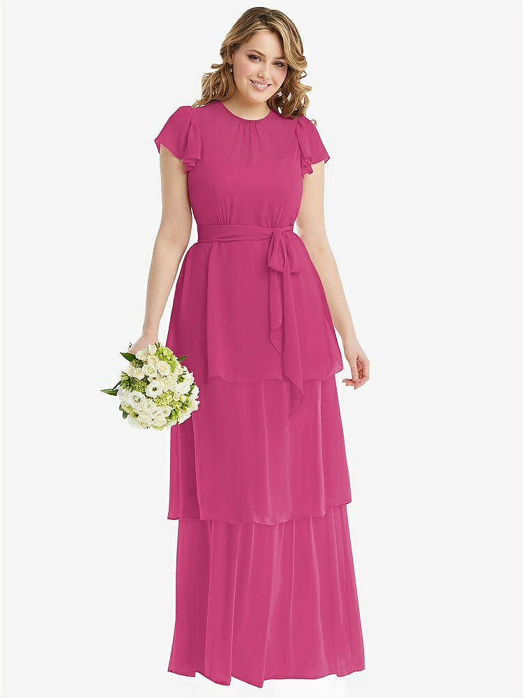 【NEW】【STYLE: 3116】フラッター スリーブ ジュエル 首 シフォン マキシ ドレス ティア ラッフル スカート【COLOR: Tea Rose】【SIZE: 00-30W】