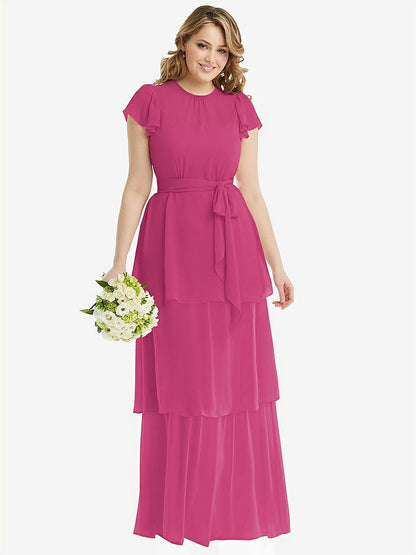 【NEW】【STYLE: 3116】フラッター スリーブ ジュエル 首 シフォン マキシ ドレス ティア ラッフル スカート【COLOR: Tea Rose】【SIZE: 00-30W】
