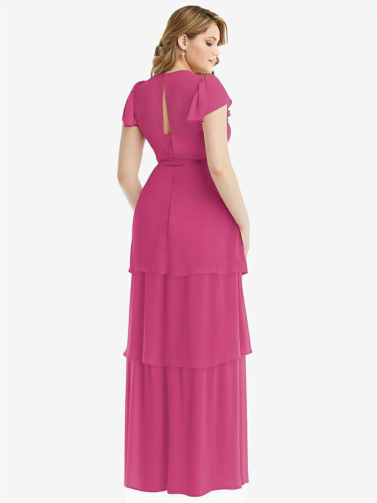 【NEW】【STYLE: 3116】フラッター スリーブ ジュエル 首 シフォン マキシ ドレス ティア ラッフル スカート【COLOR: Tea Rose】【SIZE: 00-30W】