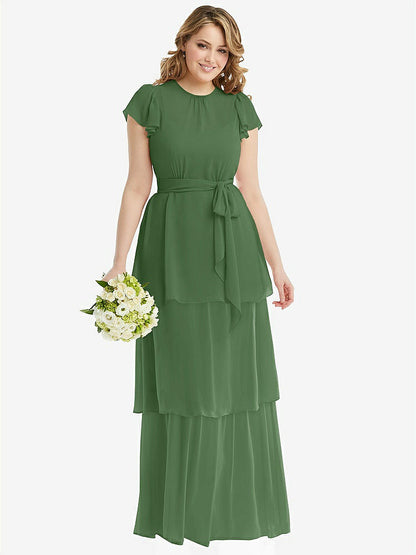 【NEW】【STYLE: 3116】フラッター スリーブ ジュエル 首 シフォン マキシ ドレス ティア ラッフル スカート【COLOR: Vineyard Green】【SIZE: 00-30W】