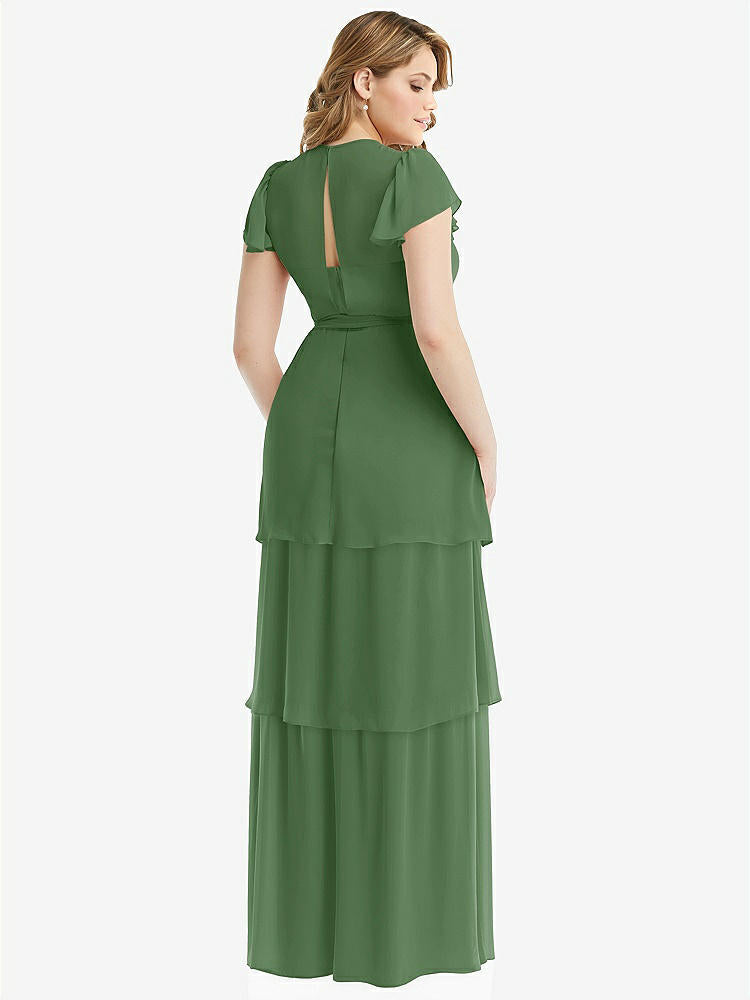 【NEW】【STYLE: 3116】フラッター スリーブ ジュエル 首 シフォン マキシ ドレス ティア ラッフル スカート【COLOR: Vineyard Green】【SIZE: 00-30W】