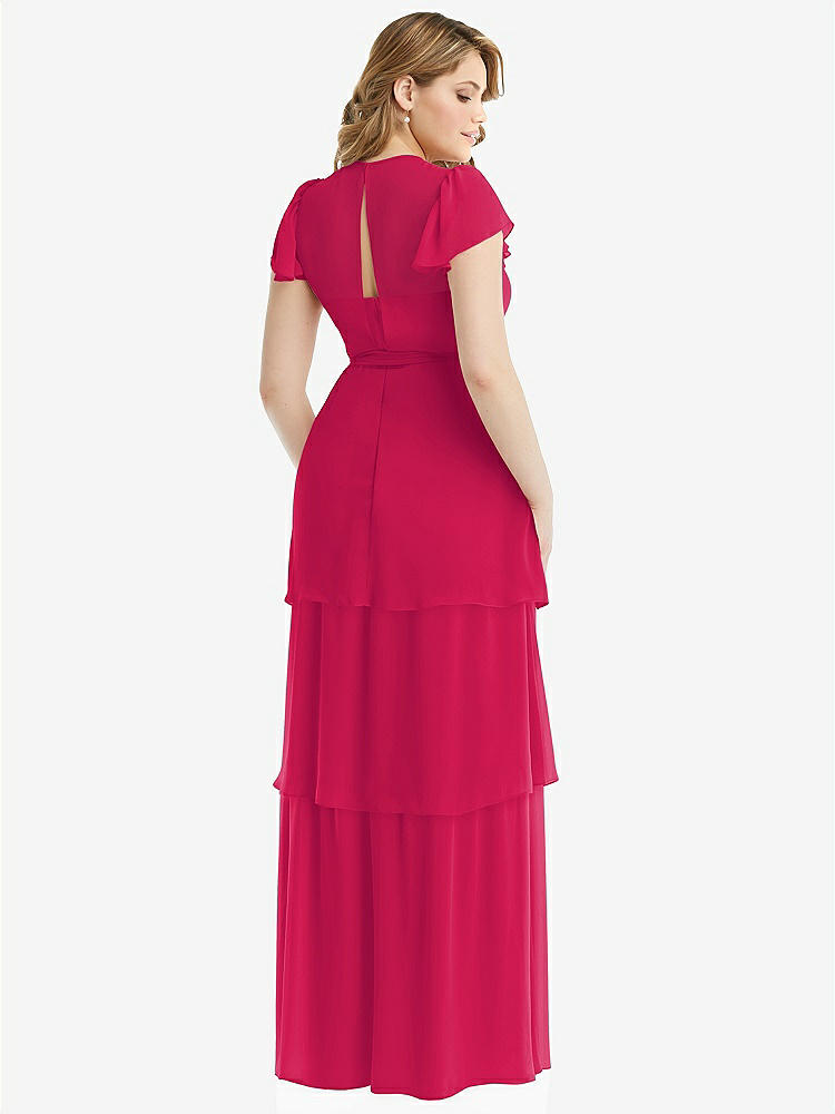 【NEW】【STYLE: 3116】フラッター スリーブ ジュエル 首 シフォン マキシ ドレス ティア ラッフル スカート【COLOR: Vivid Pink】【SIZE: 00-30W】