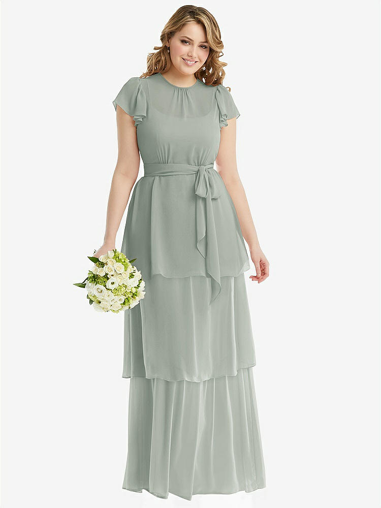 【NEW】【STYLE: 3116】フラッター スリーブ ジュエル 首 シフォン マキシ ドレス ティア ラッフル スカート【COLOR: Willow Green】【SIZE: 00-30W】
