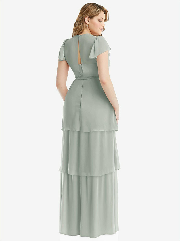 【NEW】【STYLE: 3116】フラッター スリーブ ジュエル 首 シフォン マキシ ドレス ティア ラッフル スカート【COLOR: Willow Green】【SIZE: 00-30W】