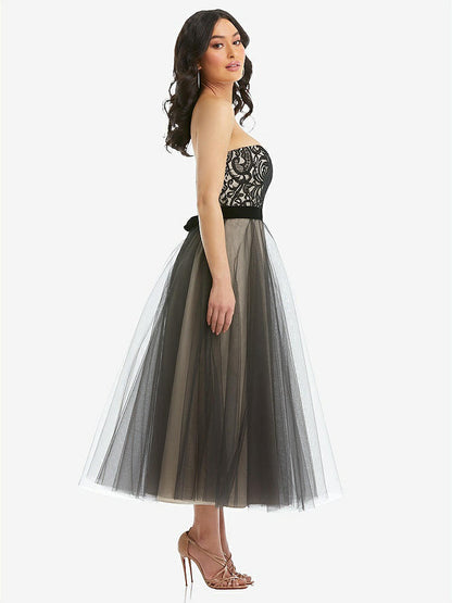 【STYLE: 3117】Lace Bustier Bodice Ballet-Length Dress with Tulle Skirt【Cameo &amp; Black】