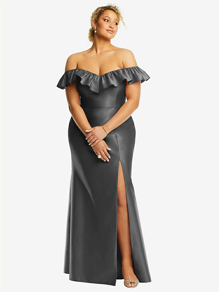【STYLE: D836】Off-the-Shoulder Ruffle Neck Satin Trumpet Gown【COLOR: Gunmetal】