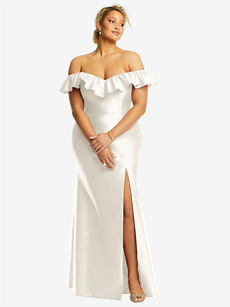 【STYLE: D836】Off-the-Shoulder Ruffle Neck Satin Trumpet Gown【COLOR: Ivory】