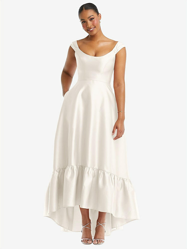 【STYLE: D837】Cap Sleeve Deep Ruffle Hem Satin High Low Dress with Pockets【COLOR: Ivory】