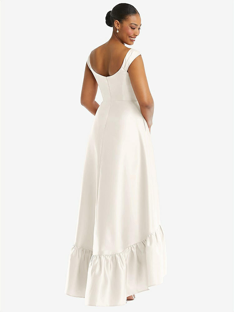 【STYLE: D837】Cap Sleeve Deep Ruffle Hem Satin High Low Dress with Pockets【COLOR: Ivory】