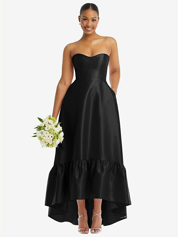 【STYLE: D838】Strapless Deep Ruffle Hem Satin High Low Dress with Pockets【COLOR: Black】