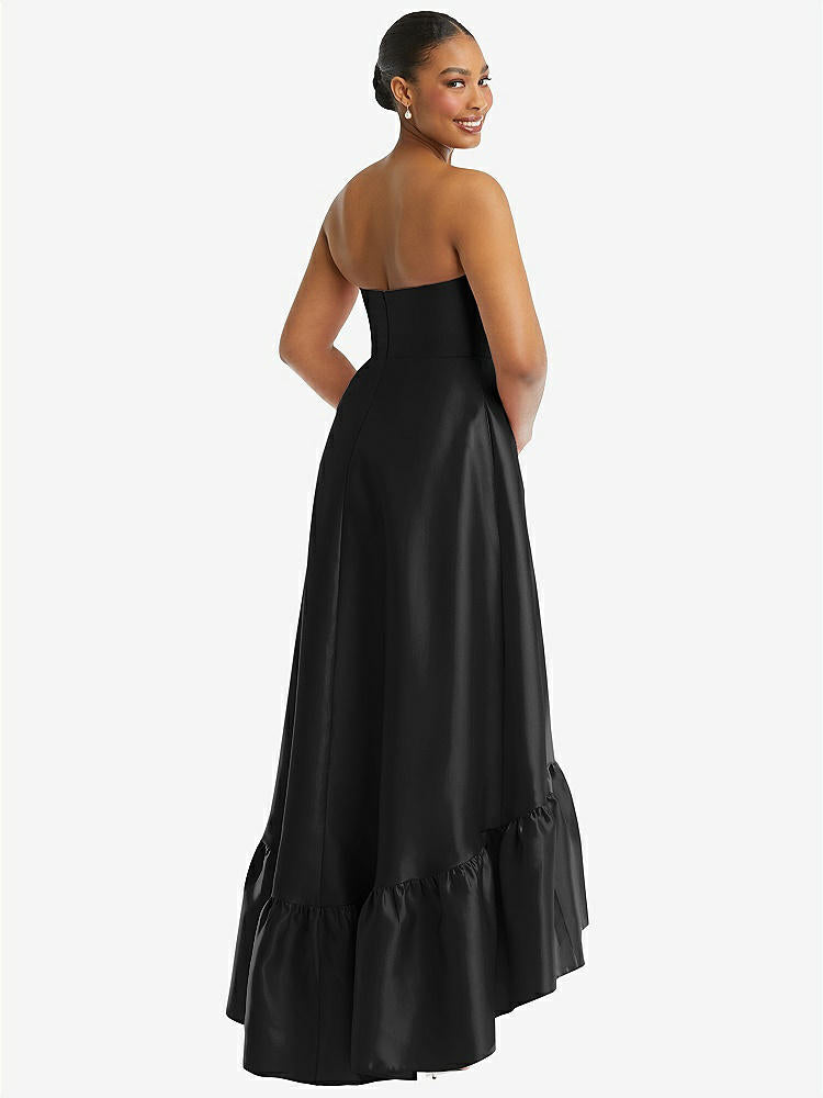 【STYLE: D838】Strapless Deep Ruffle Hem Satin High Low Dress with Pockets【COLOR: Black】