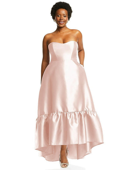 【STYLE: D838】Strapless Deep Ruffle Hem Satin High Low Dress with Pockets【COLOR: Blush】