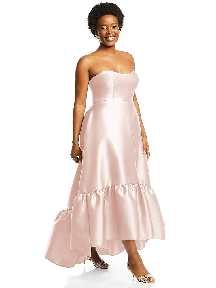 【STYLE: D838】Strapless Deep Ruffle Hem Satin High Low Dress with Pockets【COLOR: Blush】