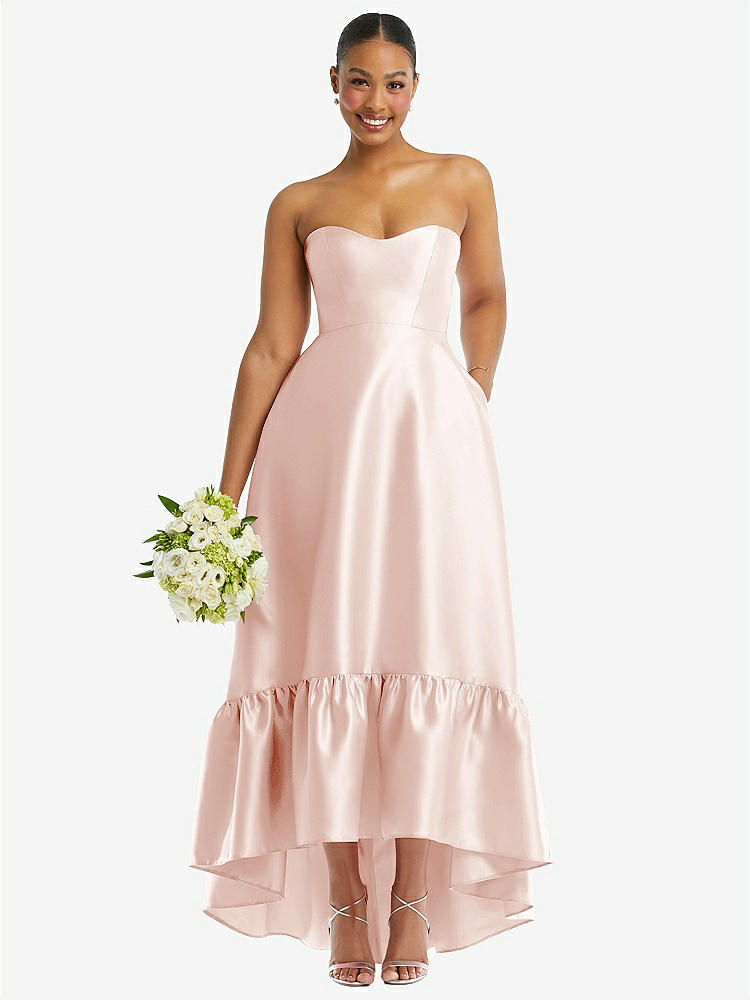【STYLE: D838】Strapless Deep Ruffle Hem Satin High Low Dress with Pockets【COLOR: Blush】