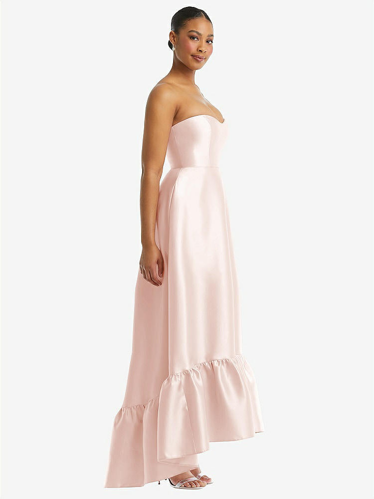 【STYLE: D838】Strapless Deep Ruffle Hem Satin High Low Dress with Pockets【COLOR: Blush】