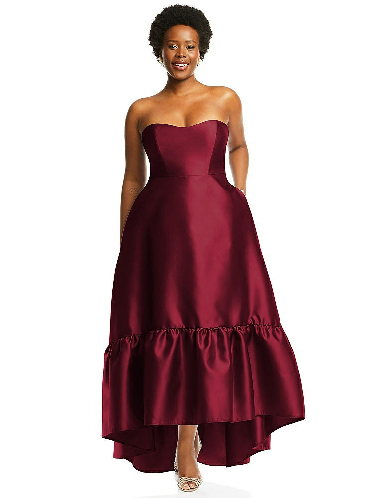 【STYLE: D838】Strapless Deep Ruffle Hem Satin High Low Dress with Pockets【COLOR: Burgundy】