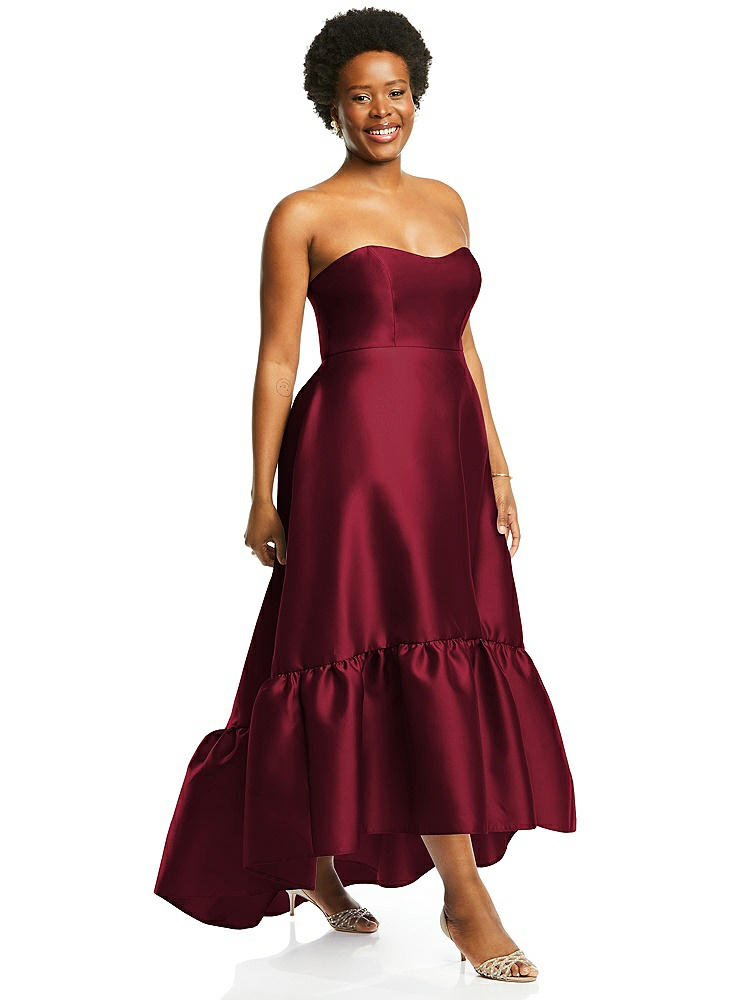 【STYLE: D838】Strapless Deep Ruffle Hem Satin High Low Dress with Pockets【COLOR: Burgundy】