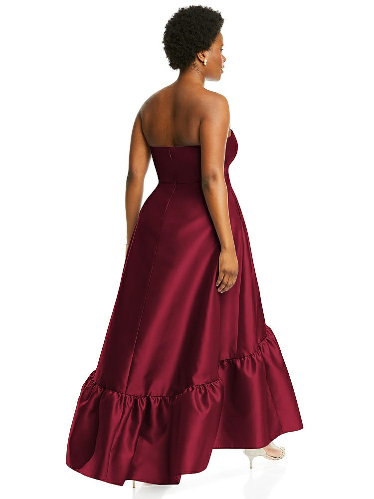 【STYLE: D838】Strapless Deep Ruffle Hem Satin High Low Dress with Pockets【COLOR: Burgundy】