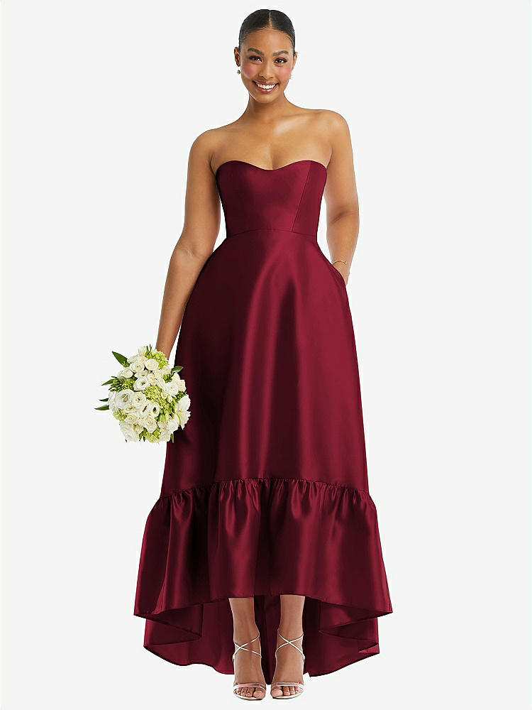 【STYLE: D838】Strapless Deep Ruffle Hem Satin High Low Dress with Pockets【COLOR: Burgundy】