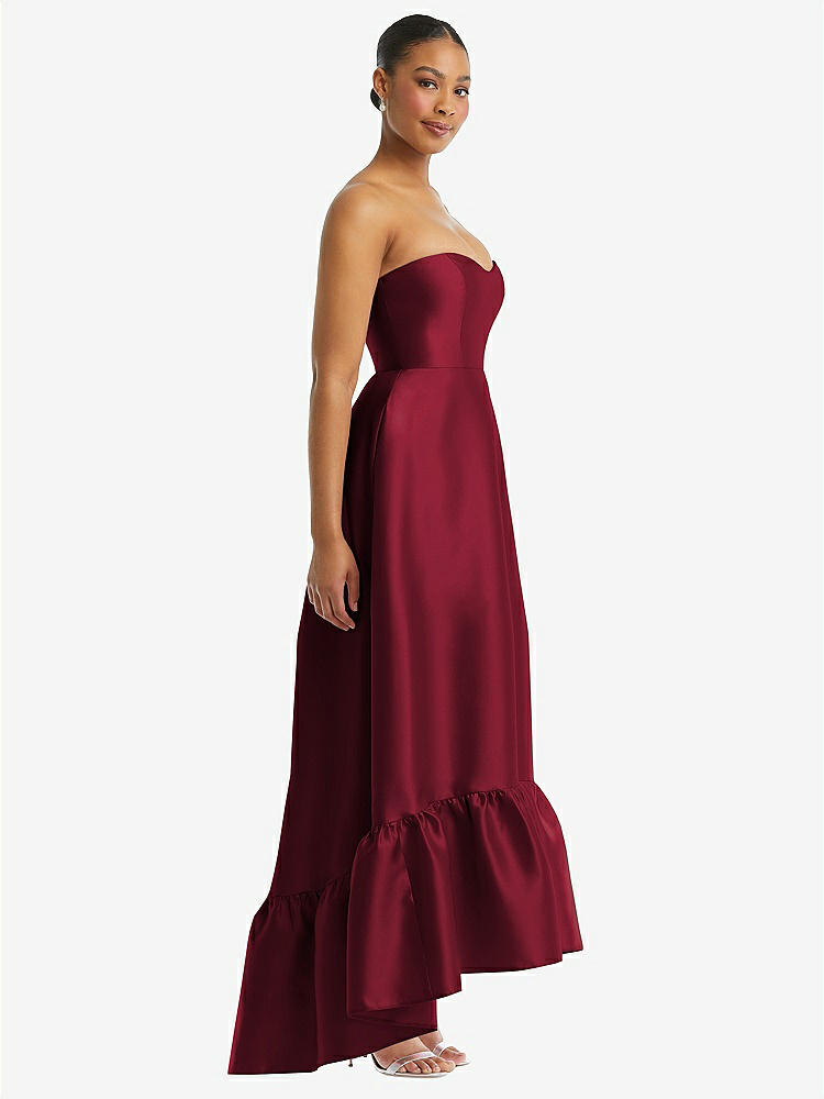 【STYLE: D838】Strapless Deep Ruffle Hem Satin High Low Dress with Pockets【COLOR: Burgundy】