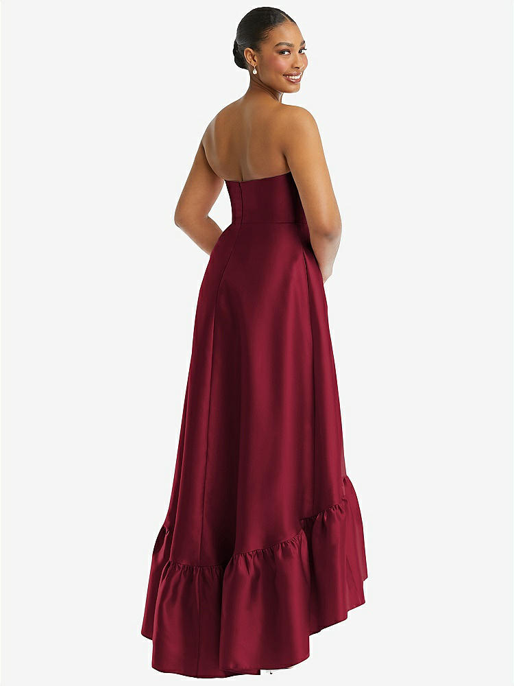【STYLE: D838】Strapless Deep Ruffle Hem Satin High Low Dress with Pockets【COLOR: Burgundy】