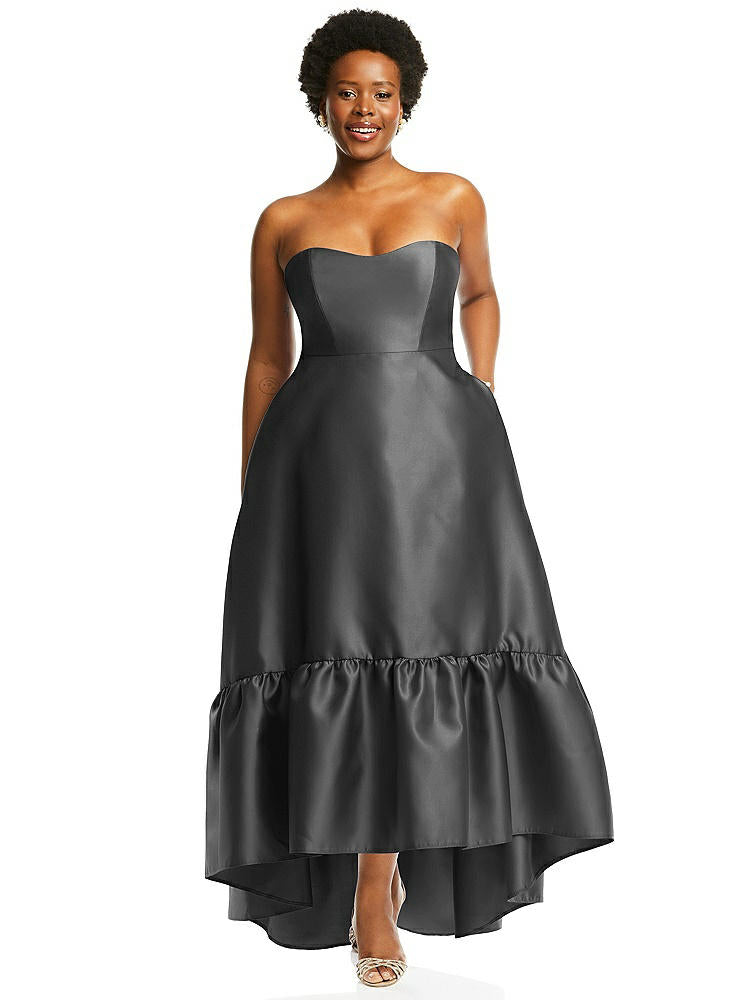 【STYLE: D838】Strapless Deep Ruffle Hem Satin High Low Dress with Pockets【COLOR: Gunmetal】