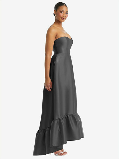 【STYLE: D838】Strapless Deep Ruffle Hem Satin High Low Dress with Pockets【COLOR: Gunmetal】