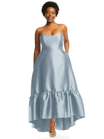 【STYLE: D838】Strapless Deep Ruffle Hem Satin High Low Dress with Pockets【COLOR: Mist】