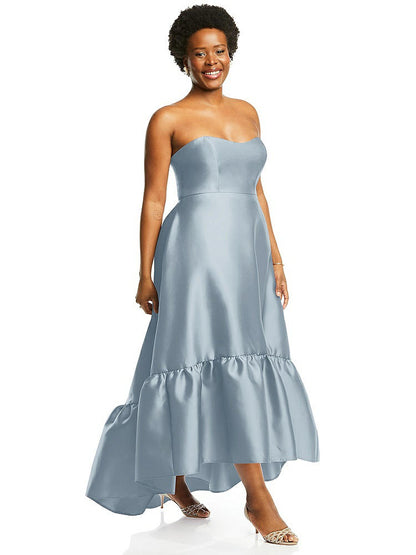 【STYLE: D838】Strapless Deep Ruffle Hem Satin High Low Dress with Pockets【COLOR: Mist】