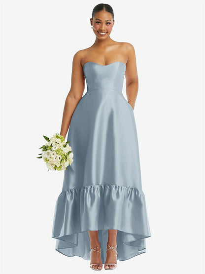 【STYLE: D838】Strapless Deep Ruffle Hem Satin High Low Dress with Pockets【COLOR: Mist】