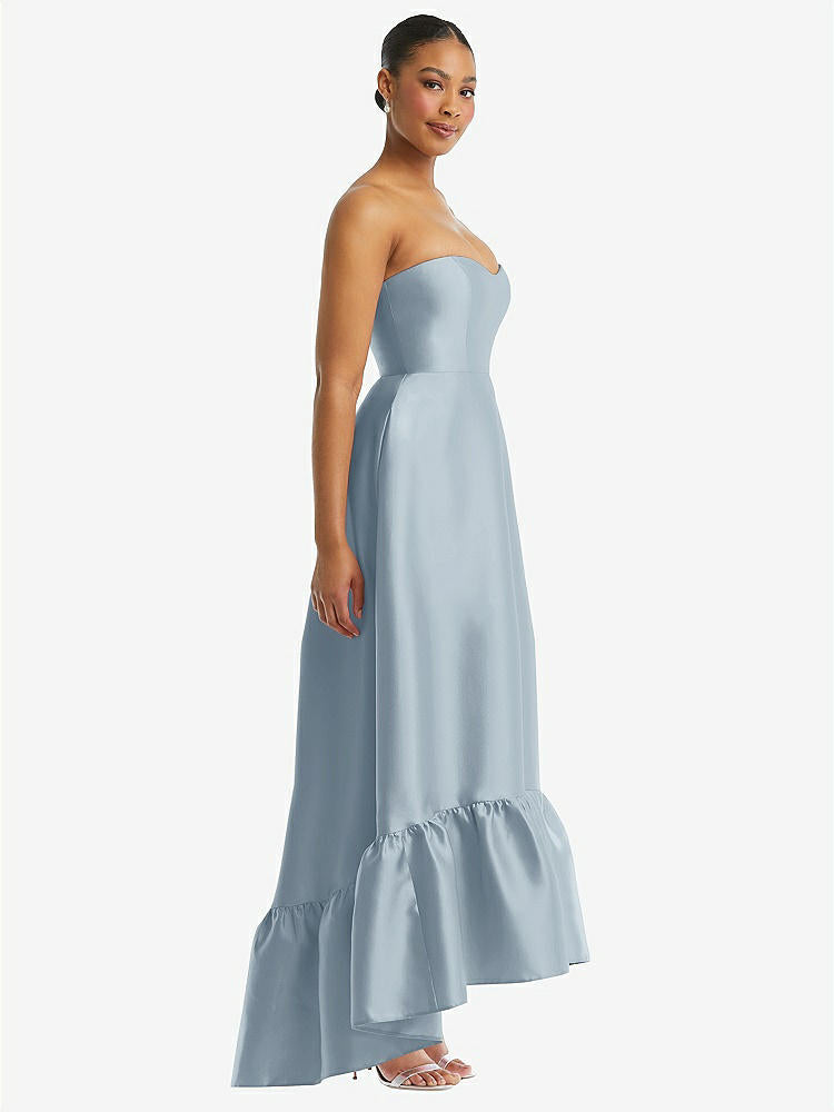 【STYLE: D838】Strapless Deep Ruffle Hem Satin High Low Dress with Pockets【COLOR: Mist】